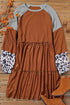 Brown Waffle Knit Leopard Patchwork Long Sleeve Dress